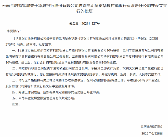 股市配资风云 华夏银行收购昆明呈贡华夏村镇银行并设立支行获批